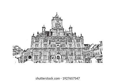 Building view with landmark of Delft is the
city in the Netherlands. Hand drawn sketch illustration in vector.