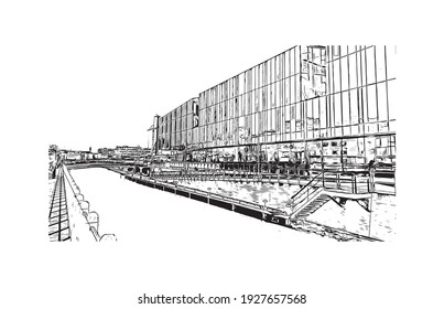 Building view with landmark of Delft is the
city in the Netherlands. Hand drawn sketch illustration in vector.