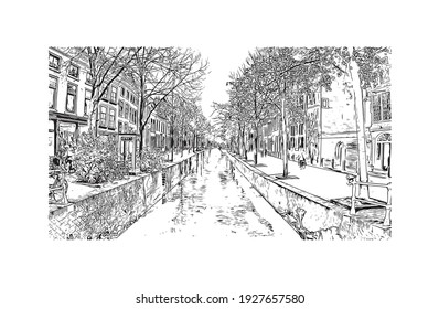 Building view with landmark of Delft is the
city in the Netherlands. Hand drawn sketch illustration in vector.