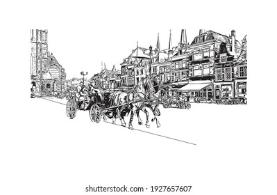 Building view with landmark of Delft is the
city in the Netherlands. Hand drawn sketch illustration in vector.