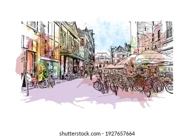 Building view with landmark of Delft is the
city in the Netherlands. Watercolour splash with hand drawn sketch illustration in vector.