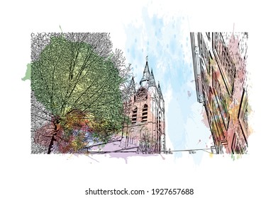 Building view with landmark of Delft is the
city in the Netherlands. Watercolour splash with hand drawn sketch illustration in vector.