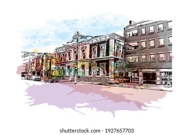 Building view with landmark of Delft is the
city in the Netherlands. Watercolour splash with hand drawn sketch illustration in vector.