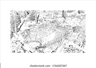 Building view with landmark of Delphi is a town on Mount Parnassus in the south of mainland Greece. Hand drawn sketch illustration in vector.