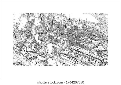 Building view with landmark of Delphi is a town on Mount Parnassus in the south of mainland Greece. Hand drawn sketch illustration in vector.