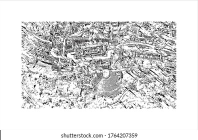 Building view with landmark of Delphi is a town on Mount Parnassus in the south of mainland Greece. Hand drawn sketch illustration in vector.