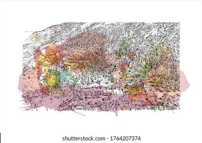 Building view with landmark of Delphi is a town on Mount Parnassus in the south of mainland Greece. Watercolor splash with Hand drawn sketch illustration in vector.