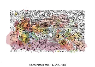 Building view with landmark of Delphi is a town on Mount Parnassus in the south of mainland Greece. Watercolor splash with Hand drawn sketch illustration in vector.