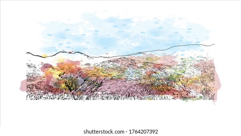 Building view with landmark of Delphi is a town on Mount Parnassus in the south of mainland Greece. Watercolor splash with Hand drawn sketch illustration in vector.