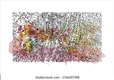 Building view with landmark of Delphi is a town on Mount Parnassus in the south of mainland Greece. Watercolor splash with Hand drawn sketch illustration in vector.