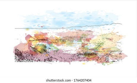 Building view with landmark of Delphi is a town on Mount Parnassus in the south of mainland Greece. Watercolor splash with Hand drawn sketch illustration in vector.