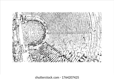 Construir vistas a los monumentos de Delphi es una ciudad en el Monte Parnassus al sur de Grecia continental. Dibujo a mano de ilustración de esbozo en vector.