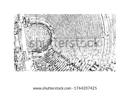 Building view with landmark of Delphi is a town on Mount Parnassus in the south of mainland Greece. Hand drawn sketch illustration in vector.