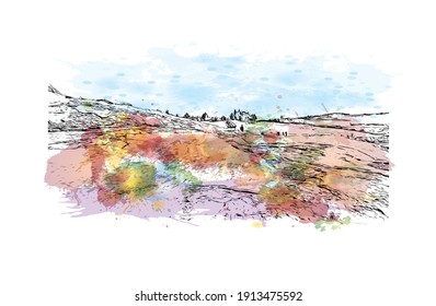 Building view with landmark of Denizli is the
city in Turkey. Watercolor splash with hand drawn sketch illustration in vector.