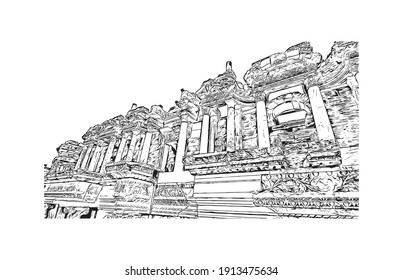 Building view with landmark of Denizli is the
city in Turkey. Hand drawn sketch illustration in vector.