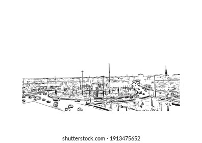 Building view with landmark of Denizli is the
city in Turkey. Hand drawn sketch illustration in vector.
