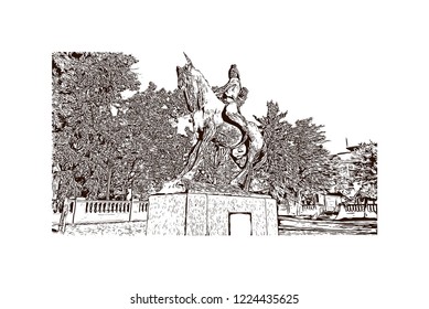 Building view with landmark of Denver, the capital of Colorado, is an American metropolis dating to the Old West era. Hand drawn sketch illustration in vector.