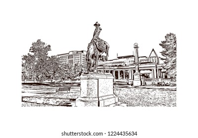 Building view with landmark of Denver, the capital of Colorado, is an American metropolis dating to the Old West era. Hand drawn sketch illustration in vector.