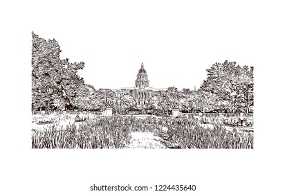 Building view with landmark of Denver, the capital of Colorado, is an American metropolis dating to the Old West era. Hand drawn sketch illustration in vector.