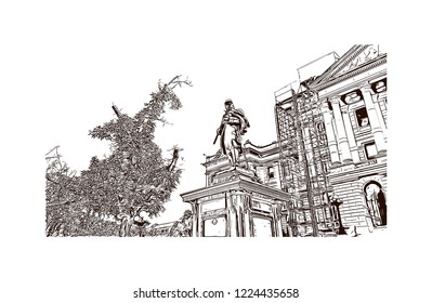 Building view with landmark of Denver, the capital of Colorado, is an American metropolis dating to the Old West era. Hand drawn sketch illustration in vector.