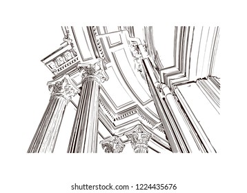 Building view with landmark of Denver, the capital of Colorado, is an American metropolis dating to the Old West era. Hand drawn sketch illustration in vector.