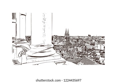 Building view with landmark of Denver, the capital of Colorado, is an American metropolis dating to the Old West era. Hand drawn sketch illustration in vector.