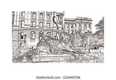 Building view with landmark of Denver, the capital of Colorado, is an American metropolis dating to the Old West era. Hand drawn sketch illustration in vector.