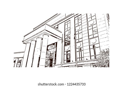 Building view with landmark of Denver, the capital of Colorado, is an American metropolis dating to the Old West era. Hand drawn sketch illustration in vector.