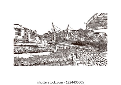 Building view with landmark of Denver, the capital of Colorado, is an American metropolis dating to the Old West era. Hand drawn sketch illustration in vector.