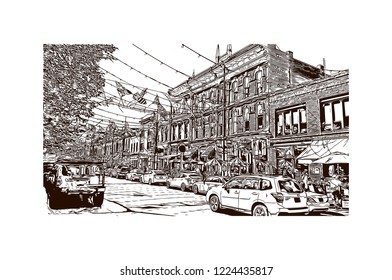 Building view with landmark of Denver, the capital of Colorado, is an American metropolis dating to the Old West era. Hand drawn sketch illustration in vector.