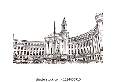 Building view with landmark of Denver, the capital of Colorado, is an American metropolis dating to the Old West era. Hand drawn sketch illustration in vector.