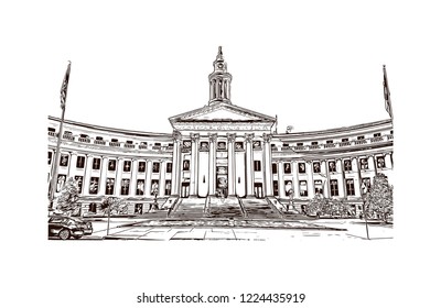 Building view with landmark of Denver, the capital of Colorado, is an American metropolis dating to the Old West era. Hand drawn sketch illustration in vector.