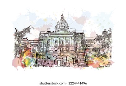 Building view with landmark of Denver, the capital of Colorado. Watercolor splash with hand drawn sketch illustration in vector.