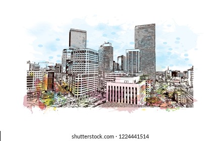 Building view with landmark of Denver, the capital of Colorado. Watercolor splash with hand drawn sketch illustration in vector.
