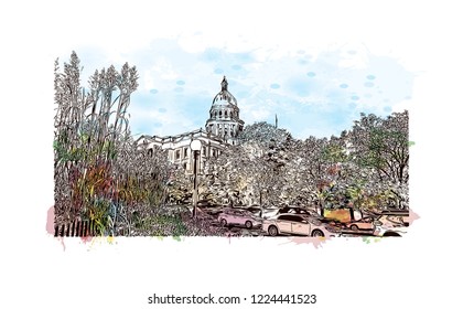 Building view with landmark of Denver, the capital of Colorado. Watercolor splash with hand drawn sketch illustration in vector.