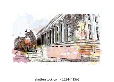 Building view with landmark of Denver, the capital of Colorado. Watercolor splash with hand drawn sketch illustration in vector.