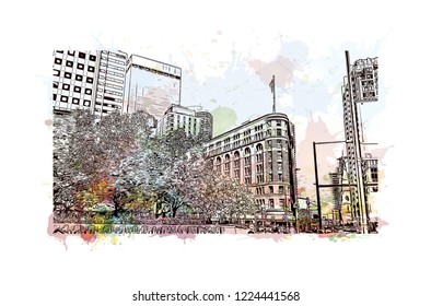 Building view with landmark of Denver, the capital of Colorado. Watercolor splash with hand drawn sketch illustration in vector.