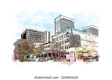 Building view with landmark of Denver, the capital of Colorado. Watercolor splash with hand drawn sketch illustration in vector.