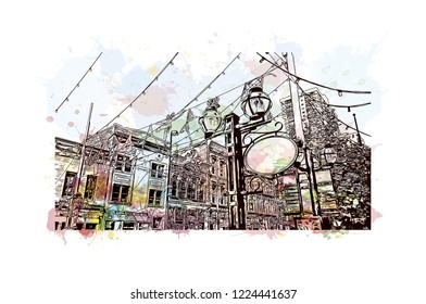 Building view with landmark of Denver, the capital of Colorado. Watercolor splash with hand drawn sketch illustration in vector.