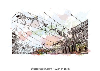 Building view with landmark of Denver, the capital of Colorado. Watercolor splash with hand drawn sketch illustration in vector.