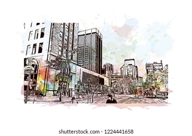 Building view with landmark of Denver, the capital of Colorado. Watercolor splash with hand drawn sketch illustration in vector.