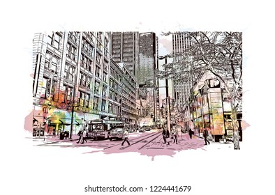 Building view with landmark of Denver, the capital of Colorado. Watercolor splash with hand drawn sketch illustration in vector.