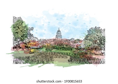 Building view with landmark of Denver is the
city in Colorado. Watercolour splash with hand drawn sketch illustration in vector.