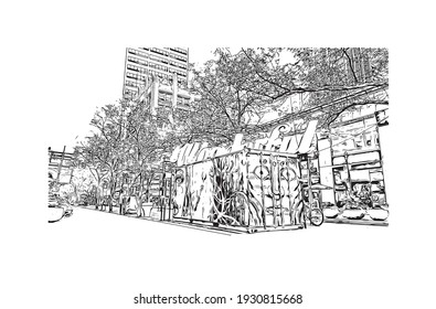 Building view with landmark of Denver is the
city in Colorado. Hand drawn sketch illustration in vector.