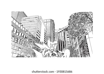 Building view with landmark of Denver is the
city in Colorado. Hand drawn sketch illustration in vector.