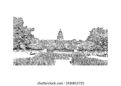 Building view with landmark of Denver is the
city in Colorado. Hand drawn sketch illustration in vector.