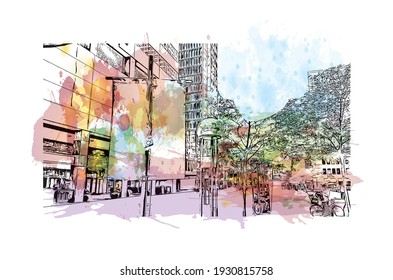 Building view with landmark of Denver is the
city in Colorado. Watercolour splash with hand drawn sketch illustration in vector.