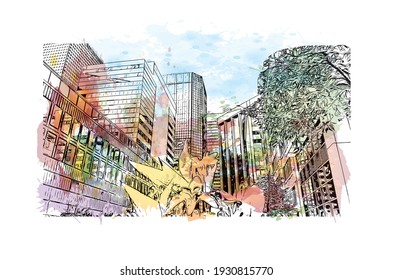 Building view with landmark of Denver is the
city in Colorado. Watercolour splash with hand drawn sketch illustration in vector.