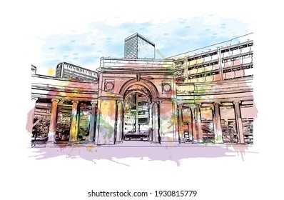 Building view with landmark of Denver is the
city in Colorado. Watercolour splash with hand drawn sketch illustration in vector.