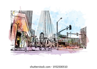 Building view with landmark of Denver is the 
city in Colorado. Watercolour splash with hand drawn sketch illustration in vector.